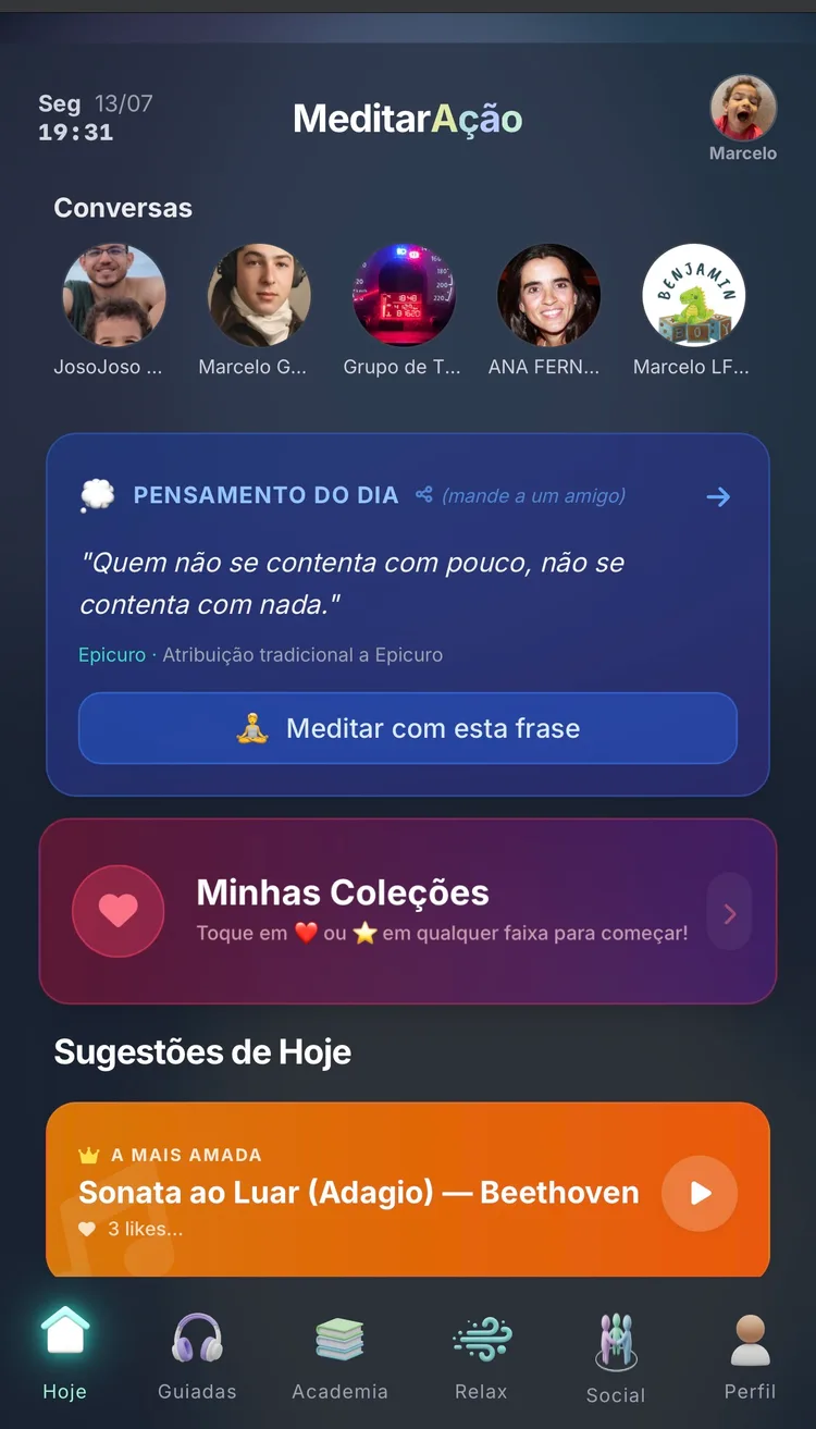Home do app MeditarAção com conversas recentes, pensamento do dia e sugestões