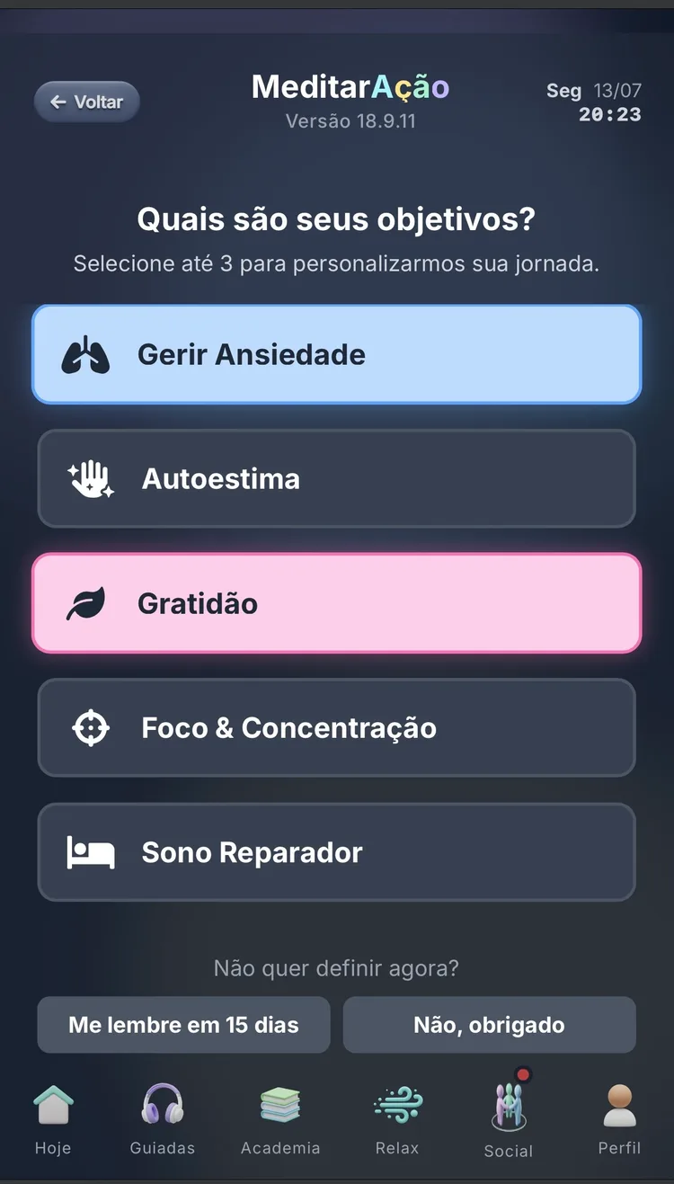 Tela de seleção de objetivos: Gerir Ansiedade, Autoestima, Gratidão, Foco e Concentração, Sono Reparador