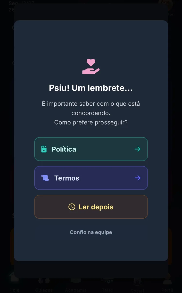 Tela de aceite rápido da Política de Privacidade e Termos de Uso