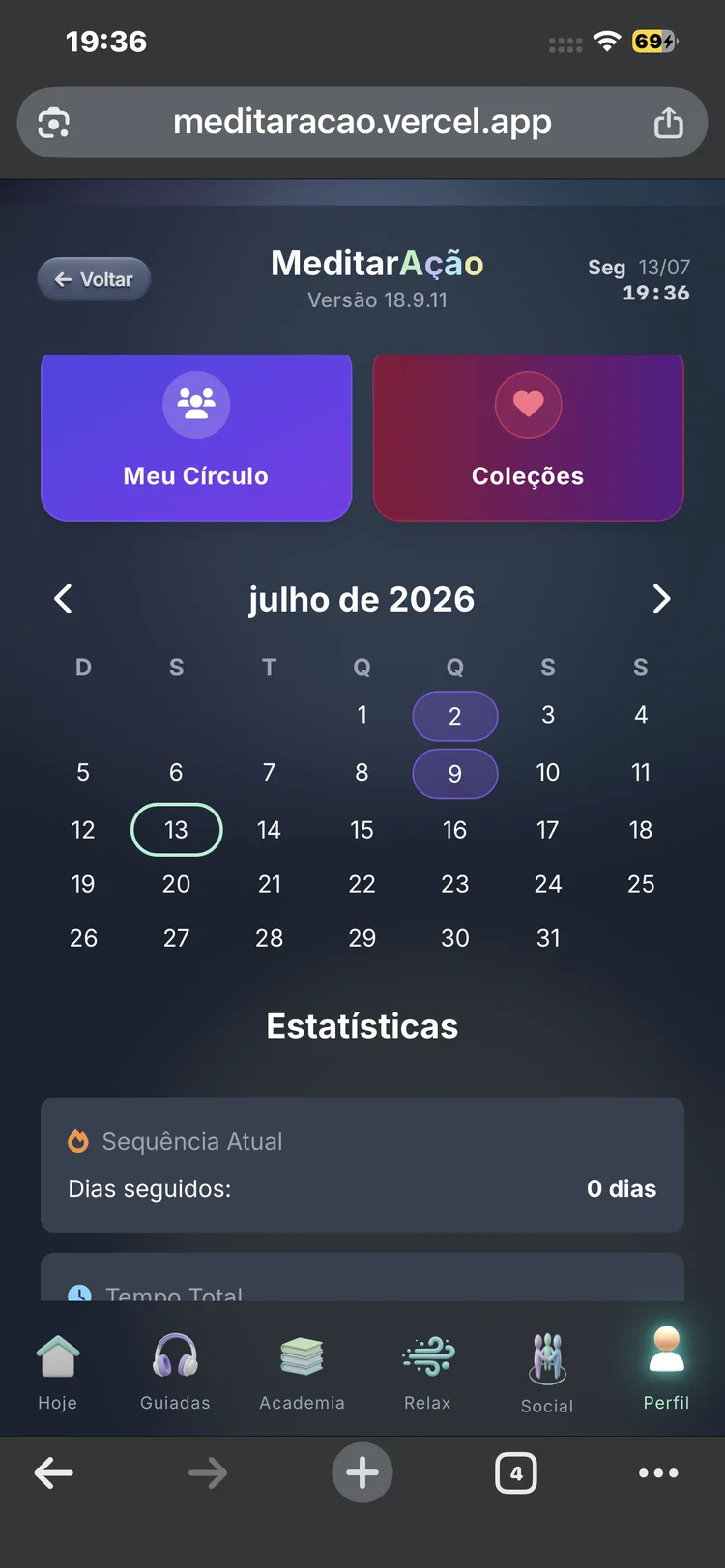 Meu Círculo e Coleções no perfil do MeditarAção