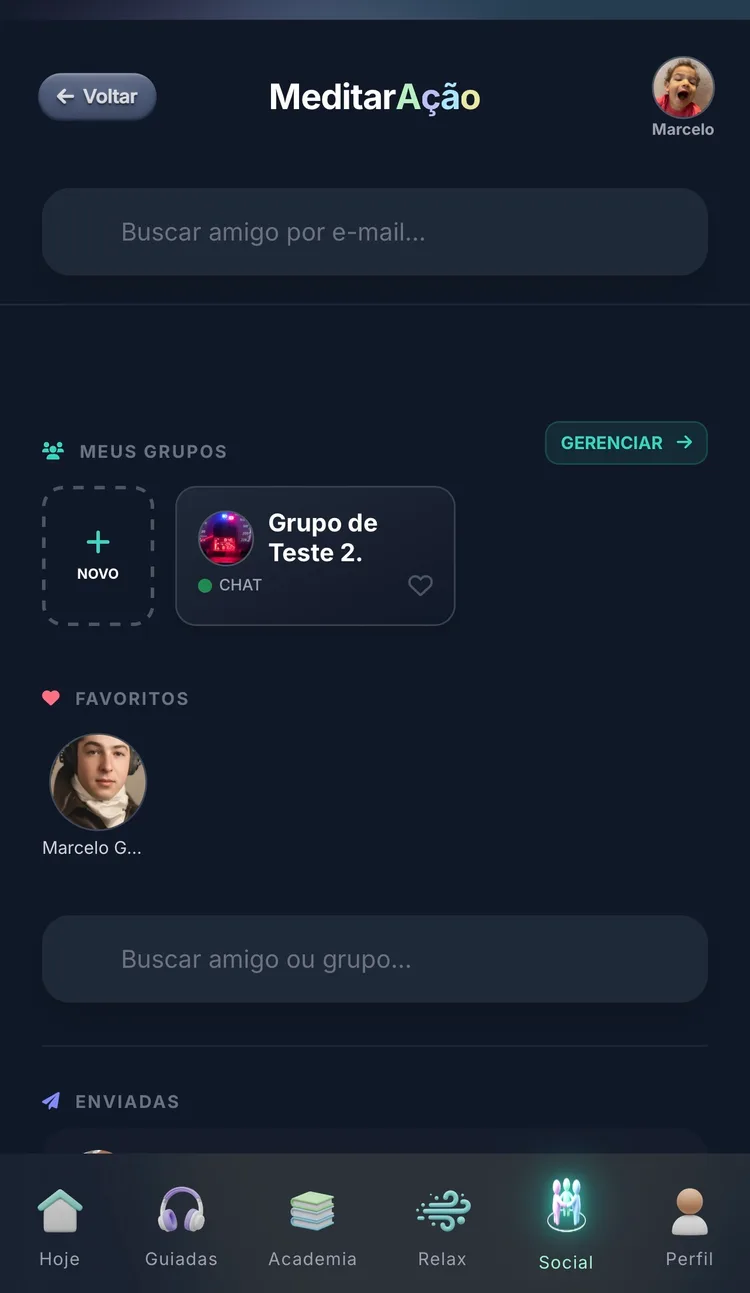 Aba Social do MeditarAção com grupos, favoritos e busca de amigos